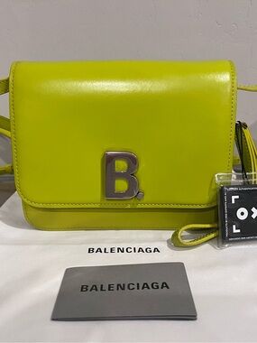 Balenciaga Neon Lime Leather Crossbody with Silver 'B' Logo